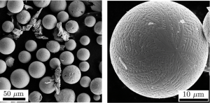 Panel showing metal powders produced using the abrasion-based process. Left: SEM image showing distribution of powder sizes. Right: Typical single powder particle, approximately 30-50 μm in diameter (Courtesy Laboratory for Advanced Manufacturing & Finishing Processes (LAMFiP), IISc)