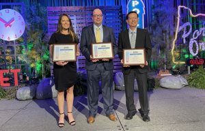 Amber Tims, Roland Warzel, and Bo Hu of North American Höganäs received their Howard I Sanderow Outstanding Technical Paper awards at PowderMet (Courtesy Höganäs)