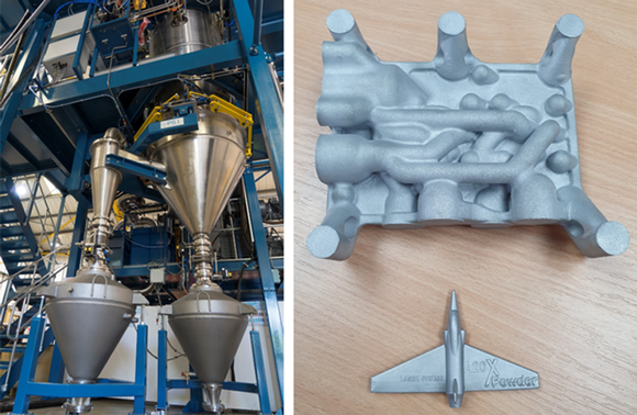 The PSI 120 Series HERMIGA atomiser (left) and aluminium parts additively manufactured from A20X powder (right) (Courtesy PSI)