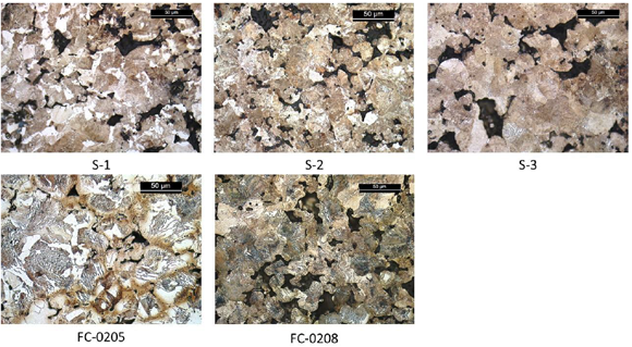 Photomicrographs comparing the mixes based on the new alloy to the copper steels. Shown in the top row are new alloy steels, the bottom row are copper steels (Courtesy MPIF/Höganäs AB)